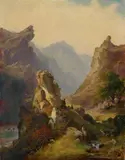 German School first half 19th century, RESTING WANDERERS IN THE HIGH MOUNTAINS, Oil on canvas