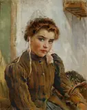 YOUNG GIRL WITH BASKET by Nikolai Alexeievich Kasatkin, Oil on canvas (relined), sold Nov 2008