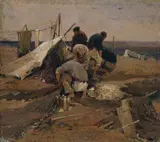Ivan Feodorovich Kolesnikov, MEN WITH A TENT AT THE COAST, Oil on hardboard