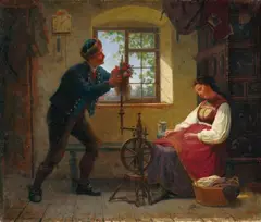 Auguste Ludwig, SLEEPING GIRL AT THE SPINNING WHEEL, Oil on canvas
