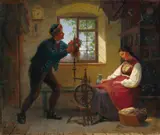 Auguste Ludwig, SLEEPING GIRL AT THE SPINNING WHEEL, Oil on canvas