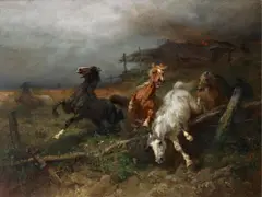 Adolf Schreyer, BURNING BARN, Oil on canvas