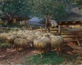 SHEPHERD WITH A FLOCK ON THE WOLKENHOF by Heinrich von Zügel, Oil on canvas, sold Nov 2008
