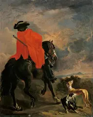 Adriaen Cornelisz Beeldemaker, RÜCKENANSICHT EINES REITERS MIT ZWEI HUNDEN., Öl auf Holz