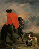 Adriaen Cornelisz Beeldemaker, RÜCKENANSICHT EINES REITERS MIT ZWEI HUNDEN., Öl auf Holz