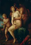 Nachfolge Hans von Aachen, NYMPHE UND PAN MIT AMOR., Öl auf Holz
