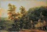 Bernhard Gottfried Manskirsch, LANDSCHAFT MIT RUINE., Öl auf Holz