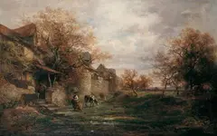 Anton Burger, LÄNDLICHE SZENE VOR EINER STADTBEFESTIGUNG., Signiert und datiert unten rechts: A. Burger 92. Öl auf Leinwand