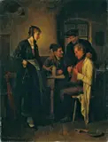 Ritter von Malheim Friedrich Friedländer, WIRTSHAUSSZENE MIT DREI MÄNNERN UND EINER JUNGEN FRAU., Signiert unten links: Friedr. Friedlaender 881. Öl auf Holz