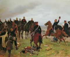Emil Hünten, DIE SCHLACHT BEI KÖNIGGRÄTZ., Signiert und datiert unten rechts: E. Hünten 83. Verso das Klebeetikett eines Vorbesitzers: Erster Entwurf des Malers Josef Emil Hünten in Düsseldorf zu dem von ihm in der Feldhalle des königl. Zeughauses in Berlin ausgeführten Wandgemälde. Von ihm mir verehrt im Mai 1886... Öl auf Leinwand