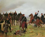 Emil Hünten, DIE SCHLACHT BEI KÖNIGGRÄTZ., Signiert und datiert unten rechts: E. Hünten 83. Verso das Klebeetikett eines Vorbesitzers: Erster Entwurf des Malers Josef Emil Hünten in Düsseldorf zu dem von ihm in der Feldhalle des königl. Zeughauses in Berlin ausgeführten Wandgemälde. Von ihm mir verehrt im Mai 1886... Öl auf Leinwand