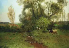 Adolf Lins, FELDLANDSCHAFT MIT PAPPELN, BACH UND KÜHEN., FELDLANDSCHAFT MIT PAPPELN, BACH UND KÜHEN