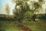 Adolf Lins, FELDLANDSCHAFT MIT PAPPELN, BACH UND KÜHEN., FELDLANDSCHAFT MIT PAPPELN, BACH UND KÜHEN