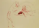 Joseph Beuys, Ohne Titel (Geysir, Nymphe und blutender Riesenhirsch), 1974, Farblithographie auf graugrünem Bütten