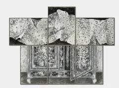 Marcel Odenbach, Ohne Titel (Das Erbstück), 1985, 6-teilige Arbeit: Acryl, Gouache und Graphit auf mit altem Illustriertenpapier collagierten Karton jeweils 100 x 70 bzw