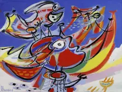 Anton Rooskens, Ohne Titel (Girl with birds), 1973, Öl auf Leinwand