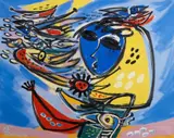 Anton Rooskens, Woman with birds, 1973, Öl auf Leinwand