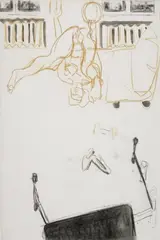 Norbert Tadeusz, Kraftakt, 1985, Tusche und Kreide auf leinenstrukturiertem Papier