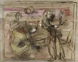 Jankel Adler, Figürliche Szene, Aquarell und Ölkreide auf elfenbeinfarbenem Maschinenpapier