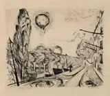 Max Beckmann, Landschaft mit Ballon, Original-Radierung (Kaltnadel) auf Japan