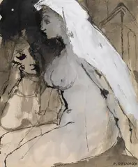 Paul Delvaux, Deux Femmes, Tuschfeder- und Pinselzeichnung, teils laviert und mit Deckweiß gehöht auf elfenbeinfarbenem Velin