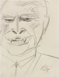 Der sehr kritische Ziegenhirt (Selbst-Karikatur) by Otto Dix, Bleistiftzeichnung auf elfenbeinfarbenem Zeichenblockpapier, sold May 2008