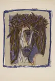 Otto Dix, Christus (Kopf, nach rechts blickend, Haare schulterlang, dunkel auf hellem Grund), Original-Farblithographie auf Van Gelder-Bütten