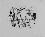 Lyonel Feininger, Männer, Häuser, Laterne und Schiebkaren, Original-Holzschnitt auf sehr dünnem Japan