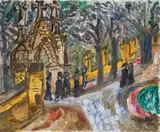 Werner Gilles, Der Friedhof. Rückseitig: Stilleben mit Spielzeugpferd, Öl auf Leinwand