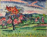 Ivo Hauptmann, Landschaft mit Baumgärten, Öl auf weiß grundierter Leinwand