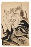Erich Heckel, Schlafende, Tuschpinselzeichnung über Bleistift auf chamoisfarbenem Büttenpapier mit dem Wasserzeichen eines Turms