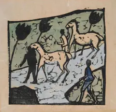 Erich Heckel, Weiße Pferde, Original-Farbholzschnitt, in den mit dem Pinsel aufgetragenen Farben Schwarz, Hellgrün, Blau und Blauweiß, auf Bütten mit dem Wasserzeichen "SLG"