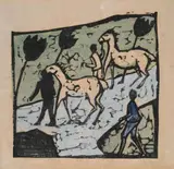 Weiße Pferde by Erich Heckel, Original-Farbholzschnitt, in den mit dem Pinsel aufgetragenen Farben Schwarz, Hellgrün, Blau und Blauweiß, auf Bütten mi, sold May 2008