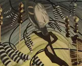 Hannah Höch, Traumfahrt, Papiercollage mit bedruckten Papieren und Aquarell auf einfachem Velin