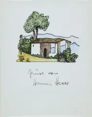 Kleine Tessiner Landschaft by Hermann Hesse, Tuschfederzeichnung und Aquarell als Landschaftsvignette auf einem kleinen Brief mit Autograph, der Doppelbogen einfach , sold May 2008