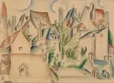 André Lhote, Vue à Bergerac, Aquarell und Bleistiftzeichnung auf chamoisfarbenem Papier auf Unterkarton montiert