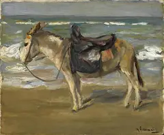 Max Liebermann, Reitesel am Strand nach links, Öl auf sorgfältig grundiertem Karton