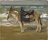 Max Liebermann, Reitesel am Strand nach links, Öl auf sorgfältig grundiertem Karton