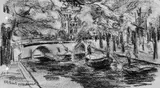 Max Liebermann, Gracht, Schwarze Kreidezeichnung auf elfenbeinfarbenem Velin, vermutlich Skizzenblatt mit zwei Perforationen am linken Rand