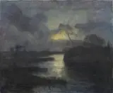 Otto Modersohn, Mondaufgang im Moor, Öl auf grober, hell grundierter Leinwand