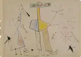 Joan Miró, Hommage à Madame Gaby Malaquais, Farbkreidezeichnung und Tusche auf festem gelblichen Velin (aus einem Skizzenalbum, mit abgerundeten Ecken und Randperforation links)