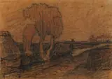 Otto Modersohn, Moorlandschaft mit Graben, Kreide- und Rötelzeichnung auf dünnem bräunlichen Papier