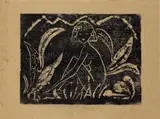 Otto Mueller, Mädchen zwischen Blattpflanzen (Mädchen im Schilf), Original-Holzschnitt auf bräunlichem pergaminartigen Papier