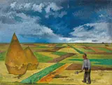 Heinrich Nauen, Niederrheinische Landschaft mit Heudiemen, Öl auf Leinwand