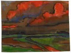 Emil Nolde, Marschlandschaft mit roten Wolken, Landschaft um Utenwarf, Aquarell und Tuschpinsel auf Japanpapier