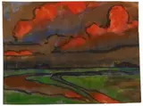 Emil Nolde, Marschlandschaft mit roten Wolken, Landschaft um Utenwarf, Aquarell und Tuschpinsel auf Japanpapier