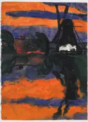 Emil Nolde, Abendlandschaft mit Mühle, Aquarell und Tusche auf Japanbütten