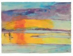 Emil Nolde, Sonnenuntergang mit zwei Seglern, Aquarell auf faserhaltigem Japanpapier