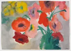 Emil Nolde, Blumenstilleben mit roten und gelben Blüten, Aquarell auf dickem Japanpapier