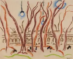 Parklandschaft by Walter Ophey, Ölkreidezeichnung auf chamoisfarbenem glatten Papier, sold May 2008